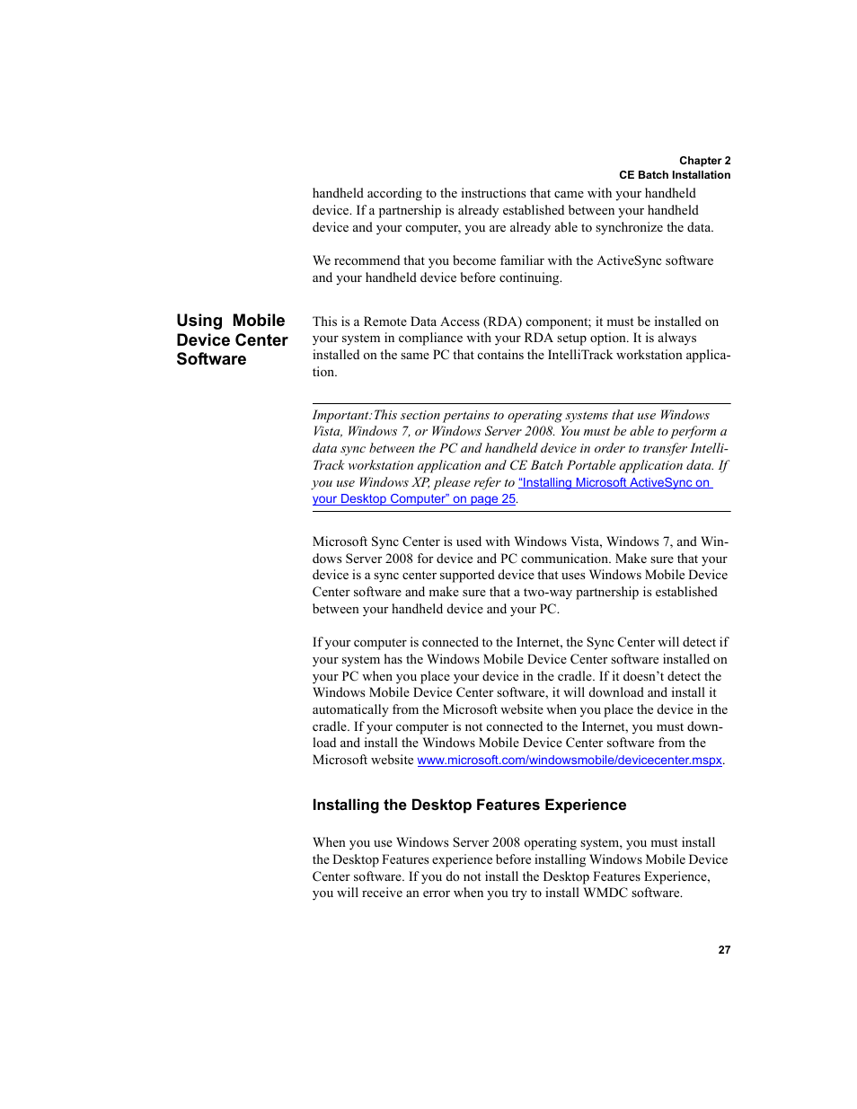 Using mobile device center software, Installing the desktop features experience, Please refer to | Installing, Using mobile device center software” on, Installing the desktop features experience” on, Using | IntelliTrack Package Track User Manual | Page 41 / 296