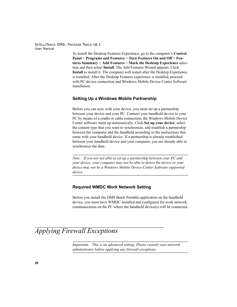 Applying firewall exceptions, Required wmdc, Setting up a windows mobile | Please refer to, For more, For more inf | IntelliTrack Package Track User Manual | Page 42 / 296