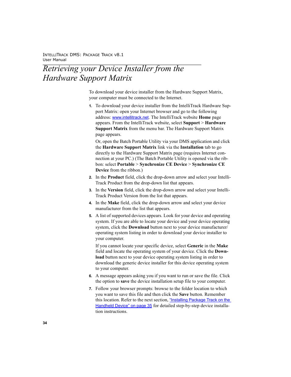 Retrieving your device installer from the hardware, Support matrix | IntelliTrack Package Track User Manual | Page 48 / 296