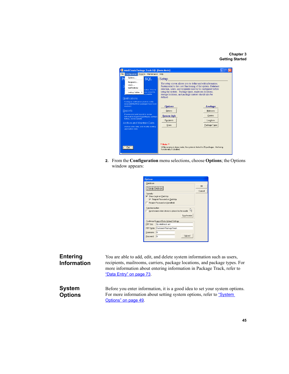 Entering information, System options, Entering information system options | IntelliTrack Package Track User Manual | Page 59 / 296