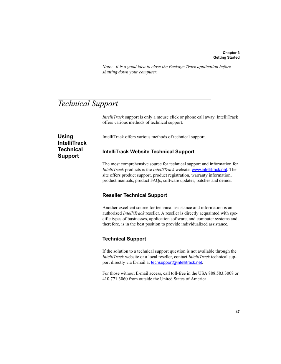 Technical support, Using intellitrack technical support, Intellitrack website technical support | Reseller technical support technical support | IntelliTrack Package Track User Manual | Page 61 / 296
