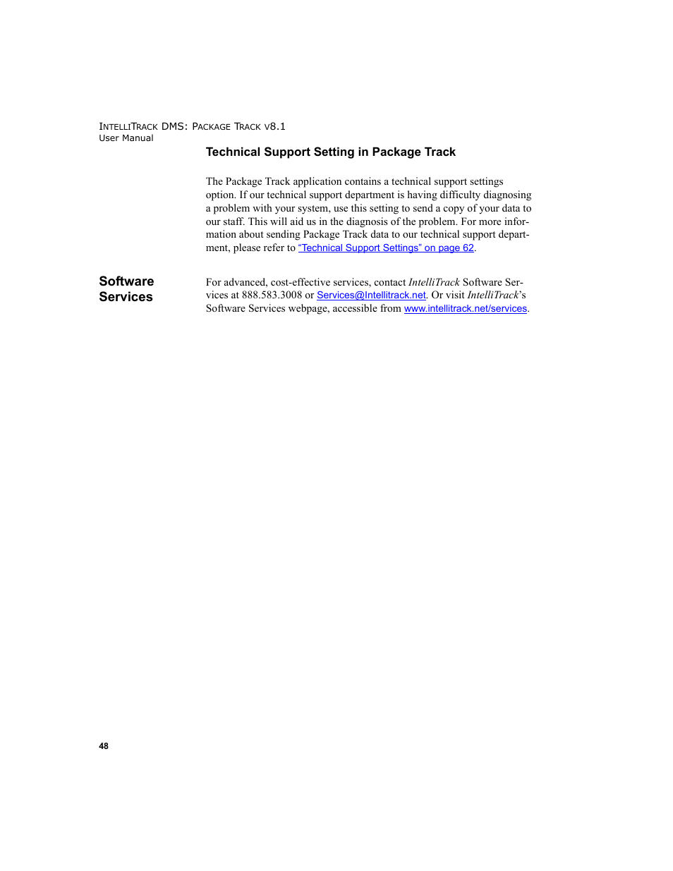 Software services, Technical support setting in package track | IntelliTrack Package Track User Manual | Page 62 / 296