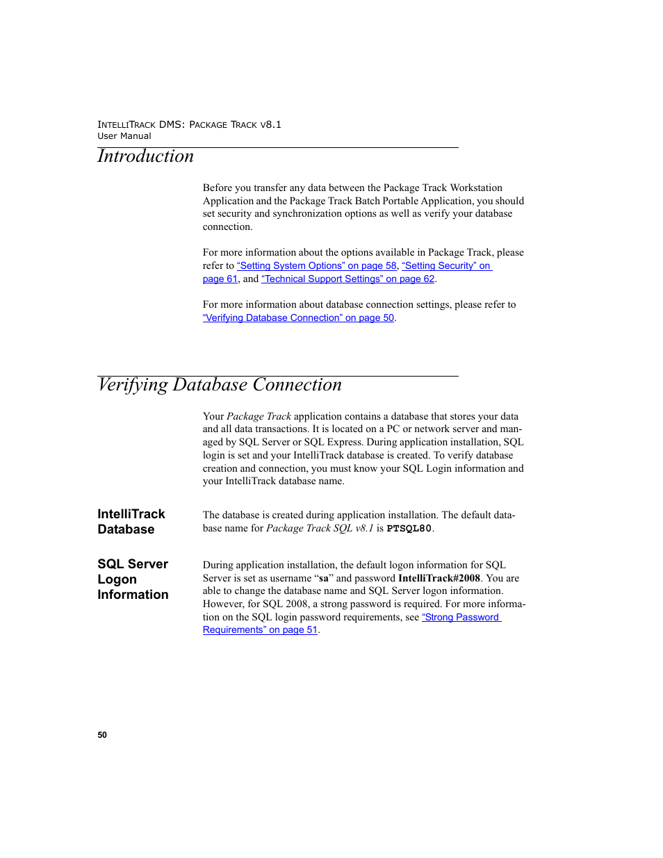 Introduction, Verifying database connection, Intellitrack database | Sql server logon information, Introduction verifying database connection, Intellitrack database sql server logon information | IntelliTrack Package Track User Manual | Page 64 / 296