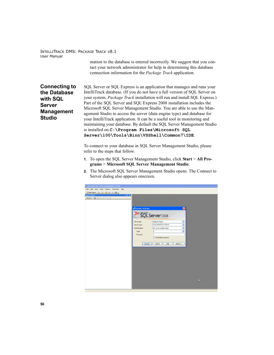 Connecting to the database with sql server, Management studio | IntelliTrack Package Track User Manual | Page 70 / 296