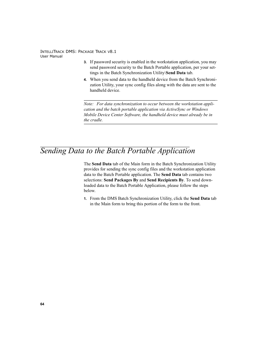 Sending data to the batch portable application, Sending data to the batch portable | IntelliTrack Package Track User Manual | Page 78 / 296
