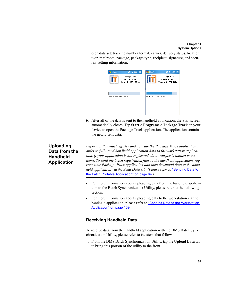 Uploading data from the handheld application, Receiving handheld data, Uploading data from the handheld appli | IntelliTrack Package Track User Manual | Page 81 / 296