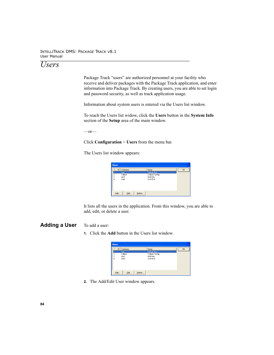 Users, Adding a user | IntelliTrack Package Track User Manual | Page 98 / 296