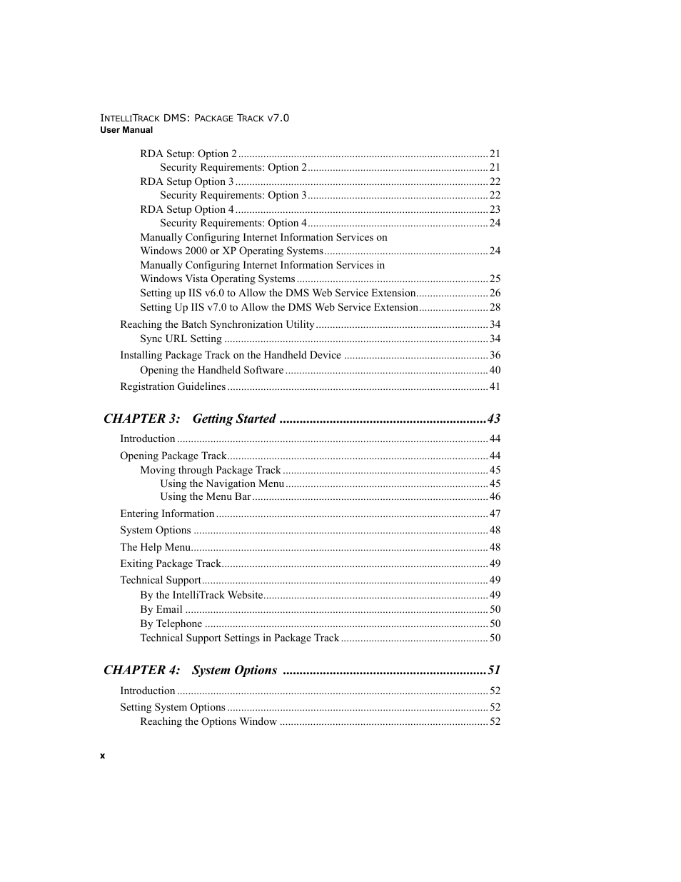 Chapter 3: getting started, Chapter 4: system options | IntelliTrack Package Track User Manual | Page 10 / 230