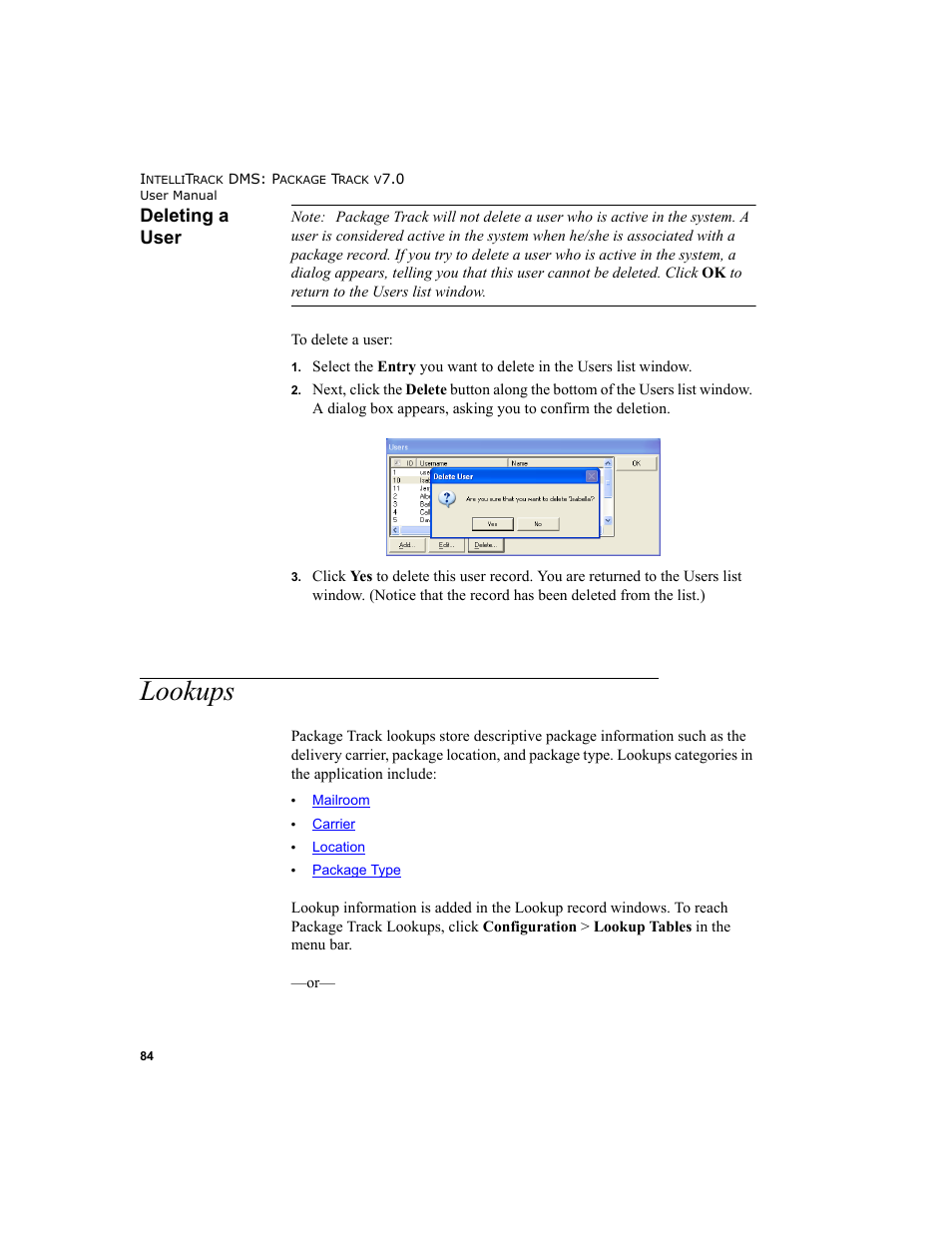 Deleting a user, Lookups, Lookups 84 | IntelliTrack Package Track User Manual | Page 100 / 230