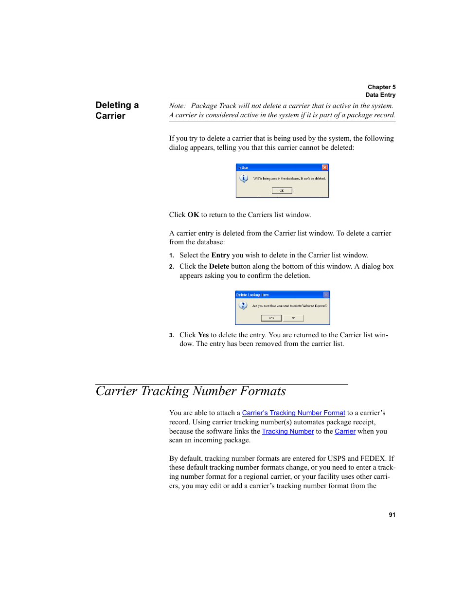 Deleting a carrier, Carrier tracking number formats, Carrier tracking number formats 91 | IntelliTrack Package Track User Manual | Page 107 / 230