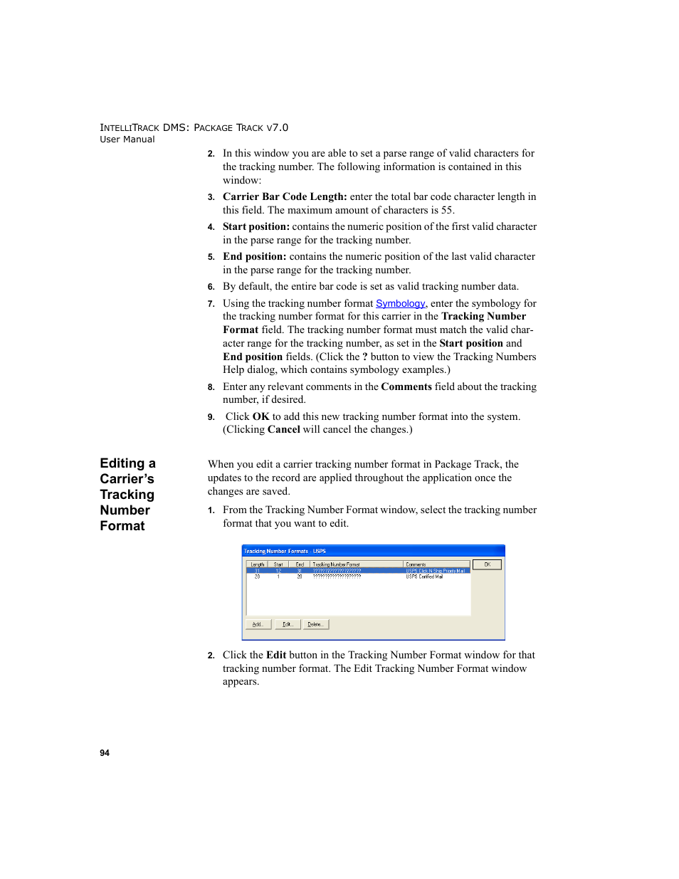 Editing a carrier’s tracking number format | IntelliTrack Package Track User Manual | Page 110 / 230