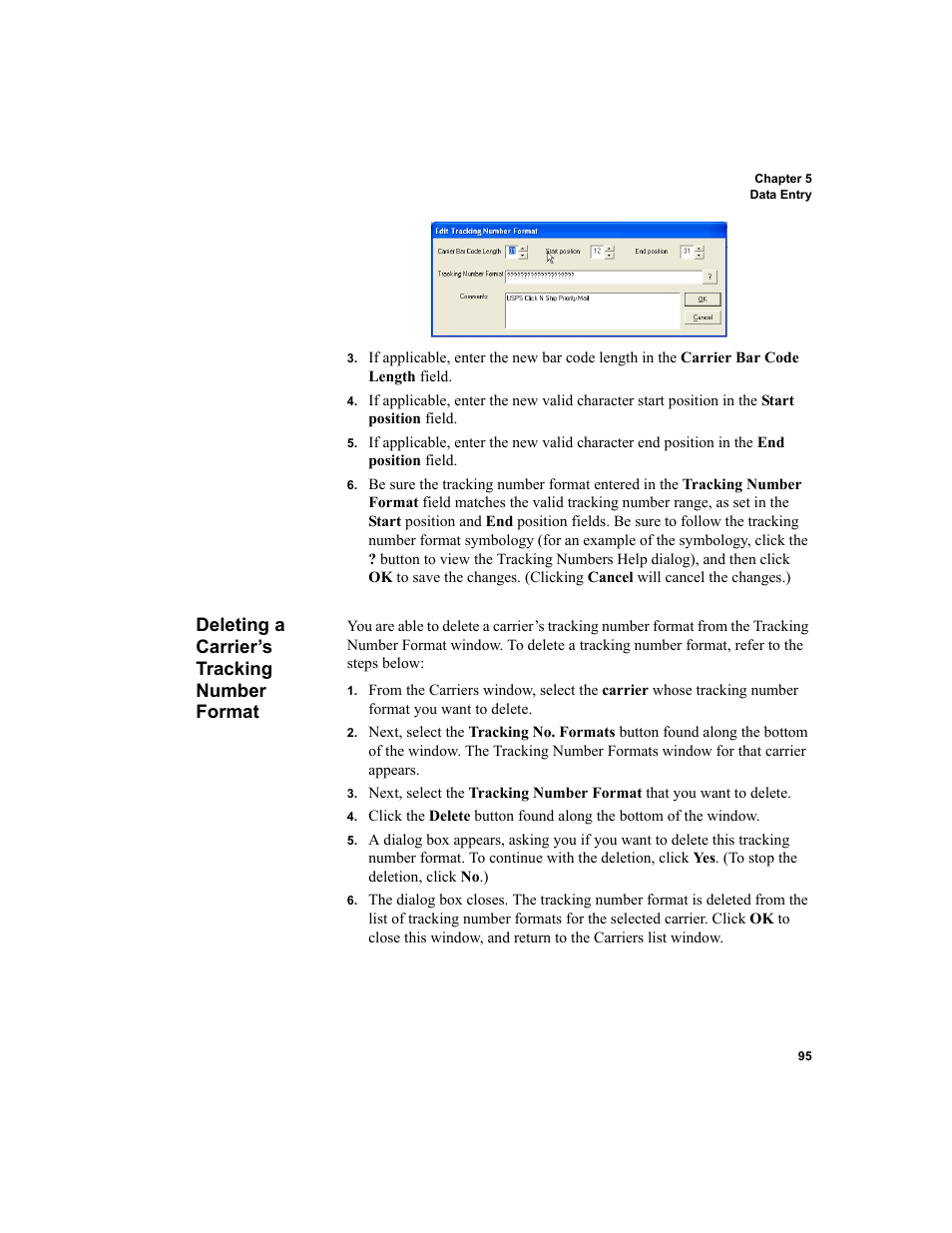 Deleting a carrier’s tracking number format | IntelliTrack Package Track User Manual | Page 111 / 230