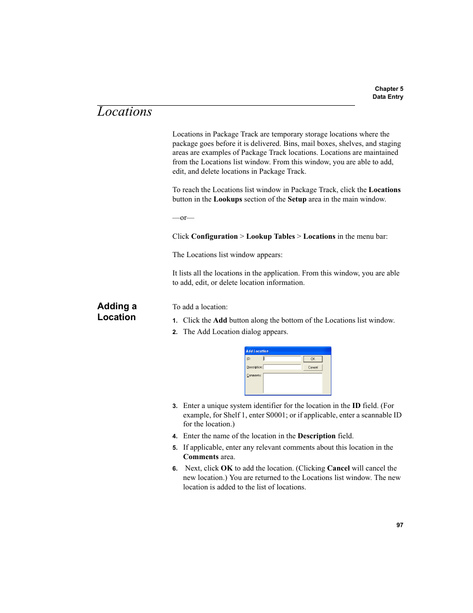 Locations, Adding a location, Locations 97 | IntelliTrack Package Track User Manual | Page 113 / 230