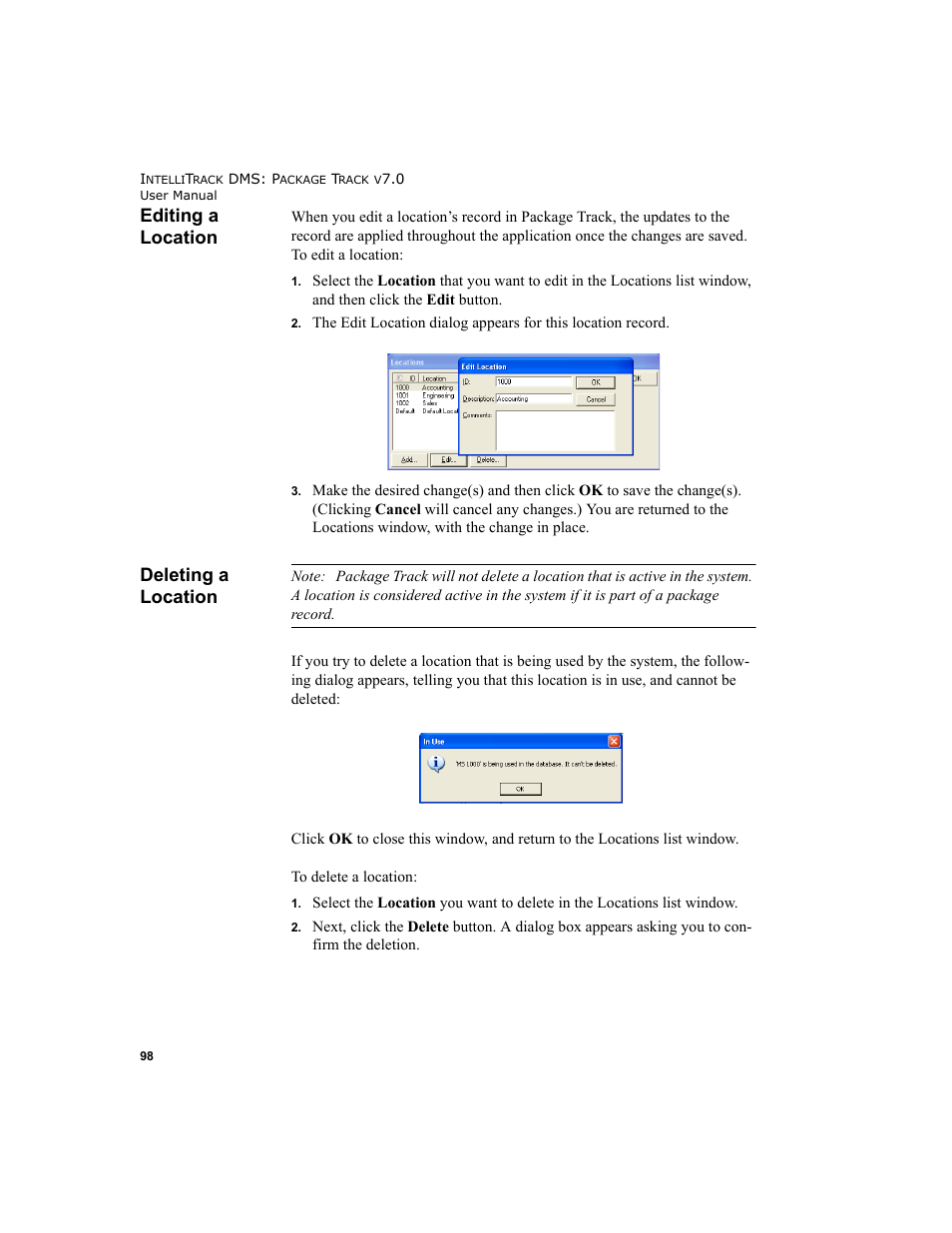 Editing a location, Deleting a location, Editing a location deleting a location | IntelliTrack Package Track User Manual | Page 114 / 230