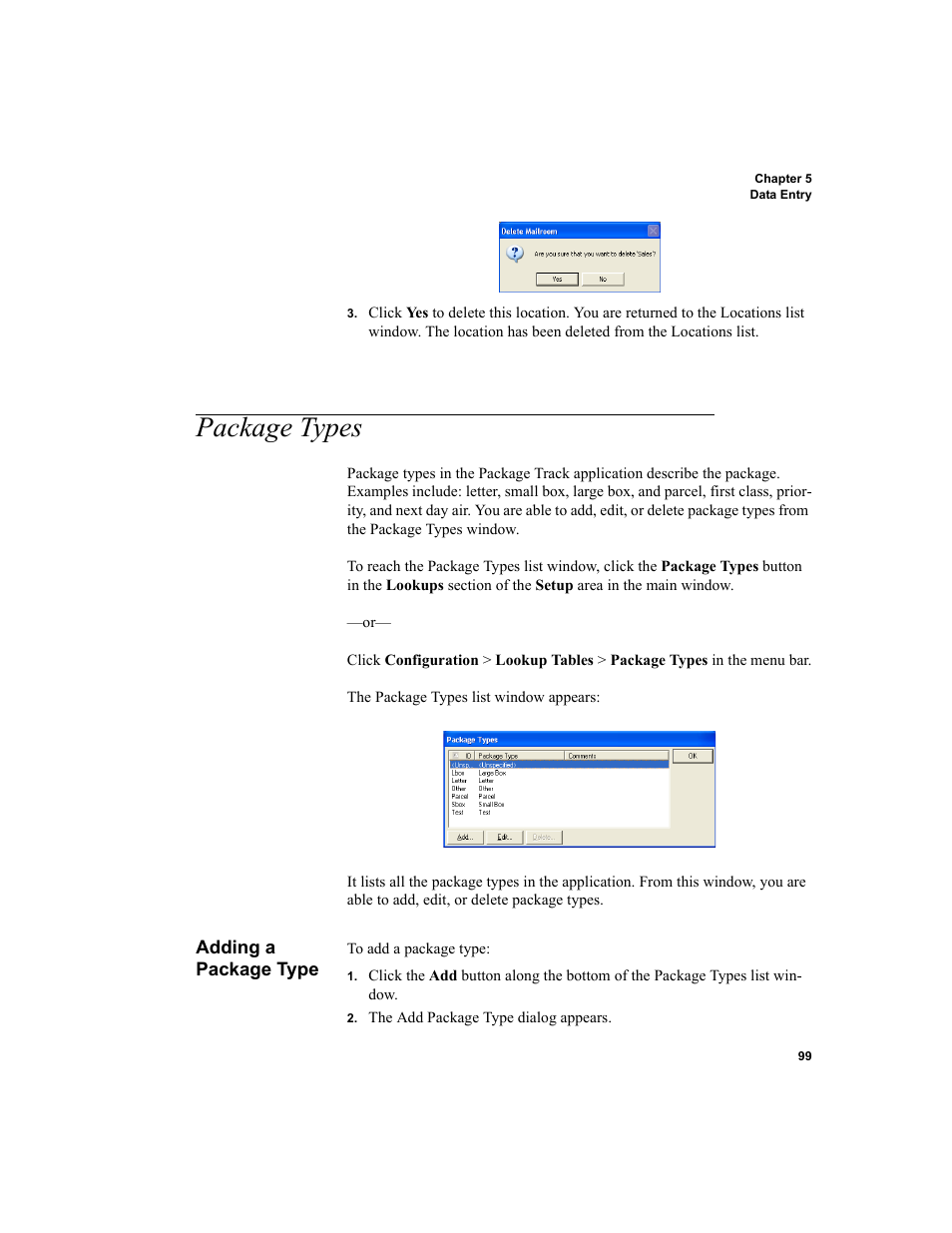 Package types, Adding a package type, Package types 99 | IntelliTrack Package Track User Manual | Page 115 / 230