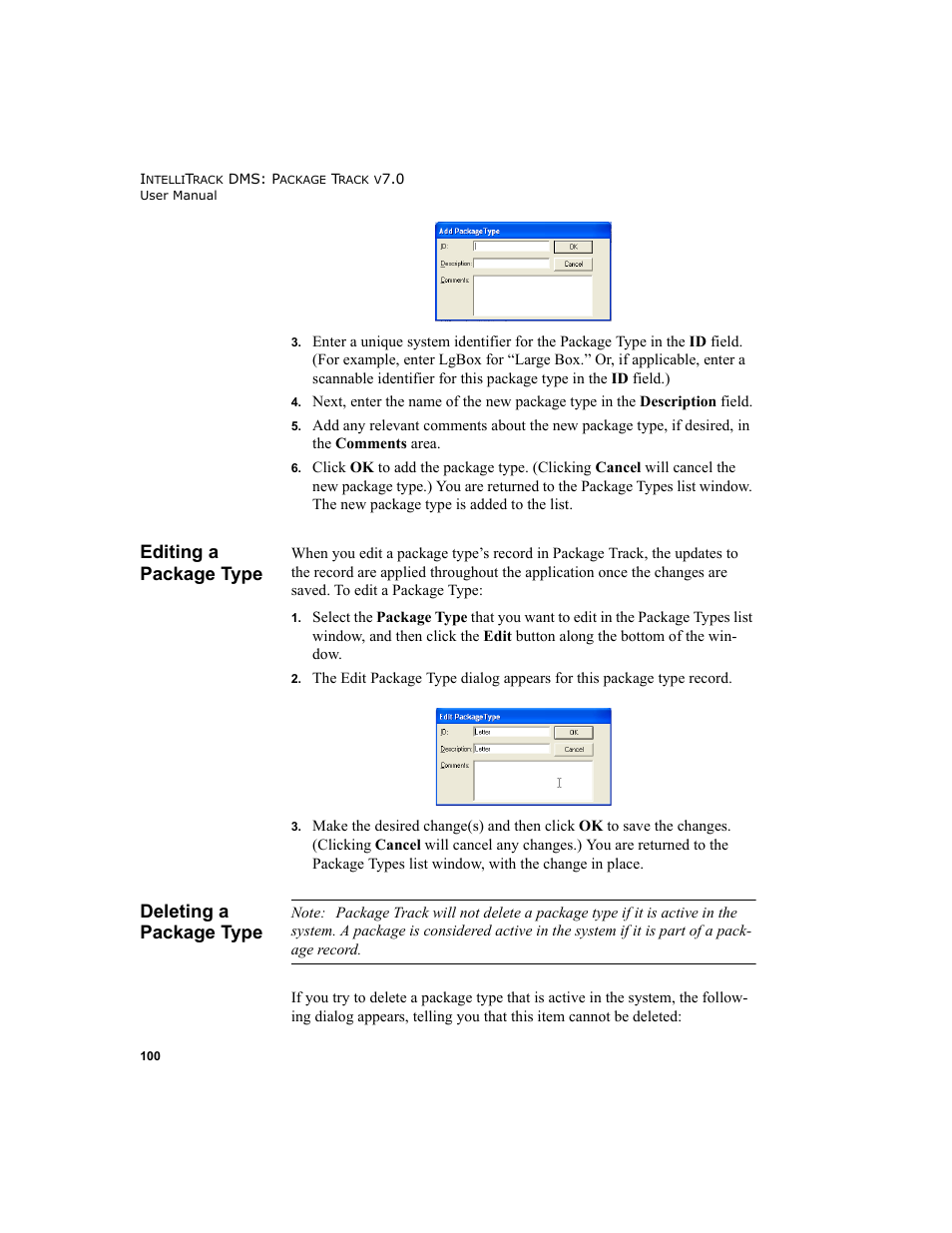 Editing a package type, Deleting a package type, Editing a package type deleting a package type | IntelliTrack Package Track User Manual | Page 116 / 230