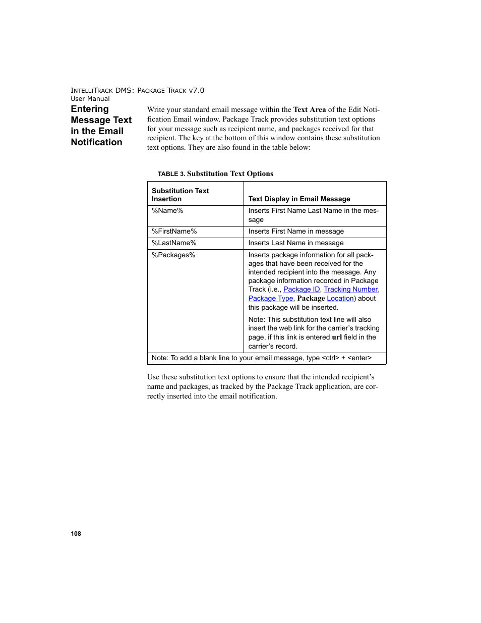 Entering message text in the email notification | IntelliTrack Package Track User Manual | Page 124 / 230