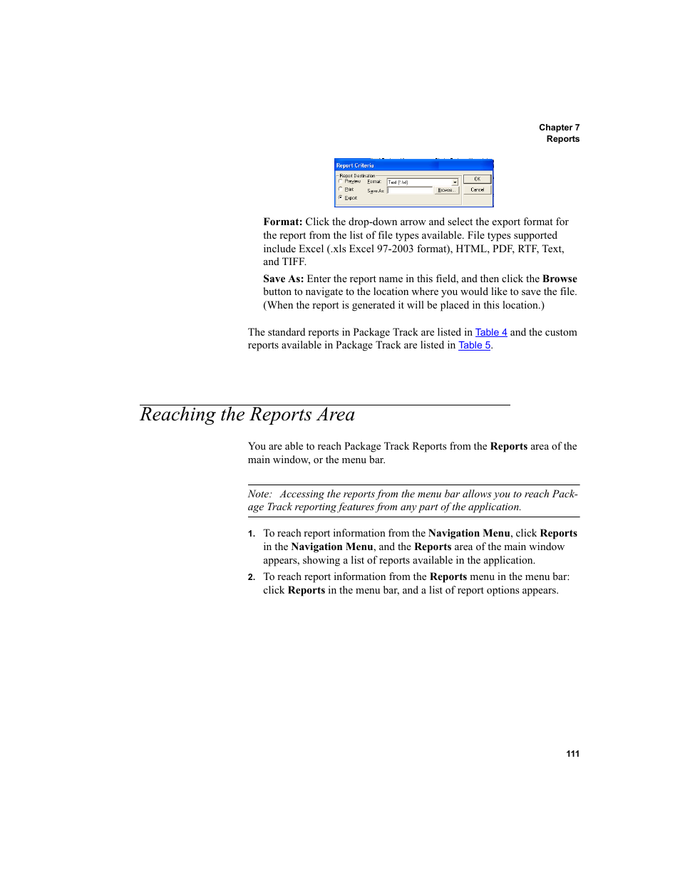 Reaching the reports area, Reaching the reports area 111 | IntelliTrack Package Track User Manual | Page 127 / 230