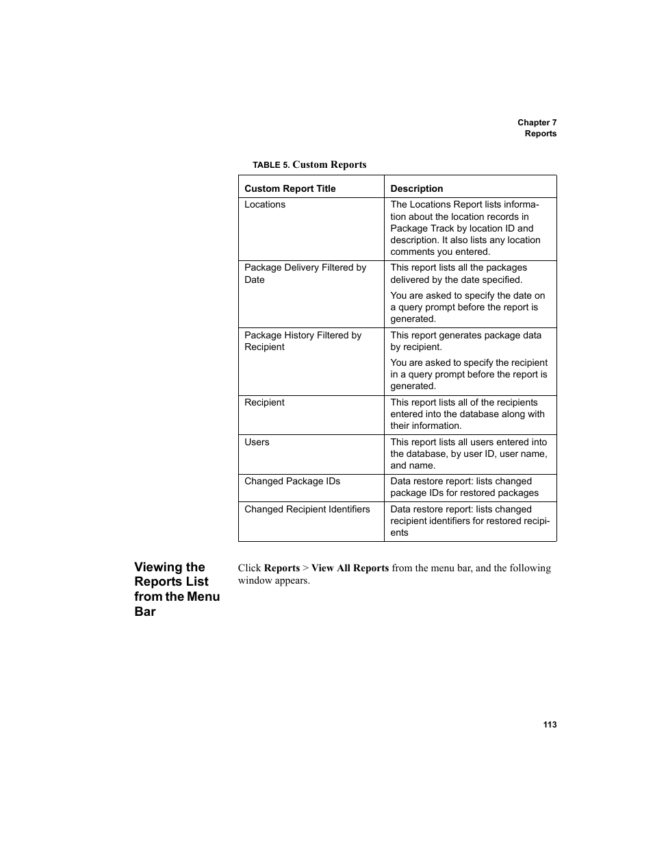 Viewing the reports list from the menu bar, Viewing the reports list from the menu bar 113 | IntelliTrack Package Track User Manual | Page 129 / 230