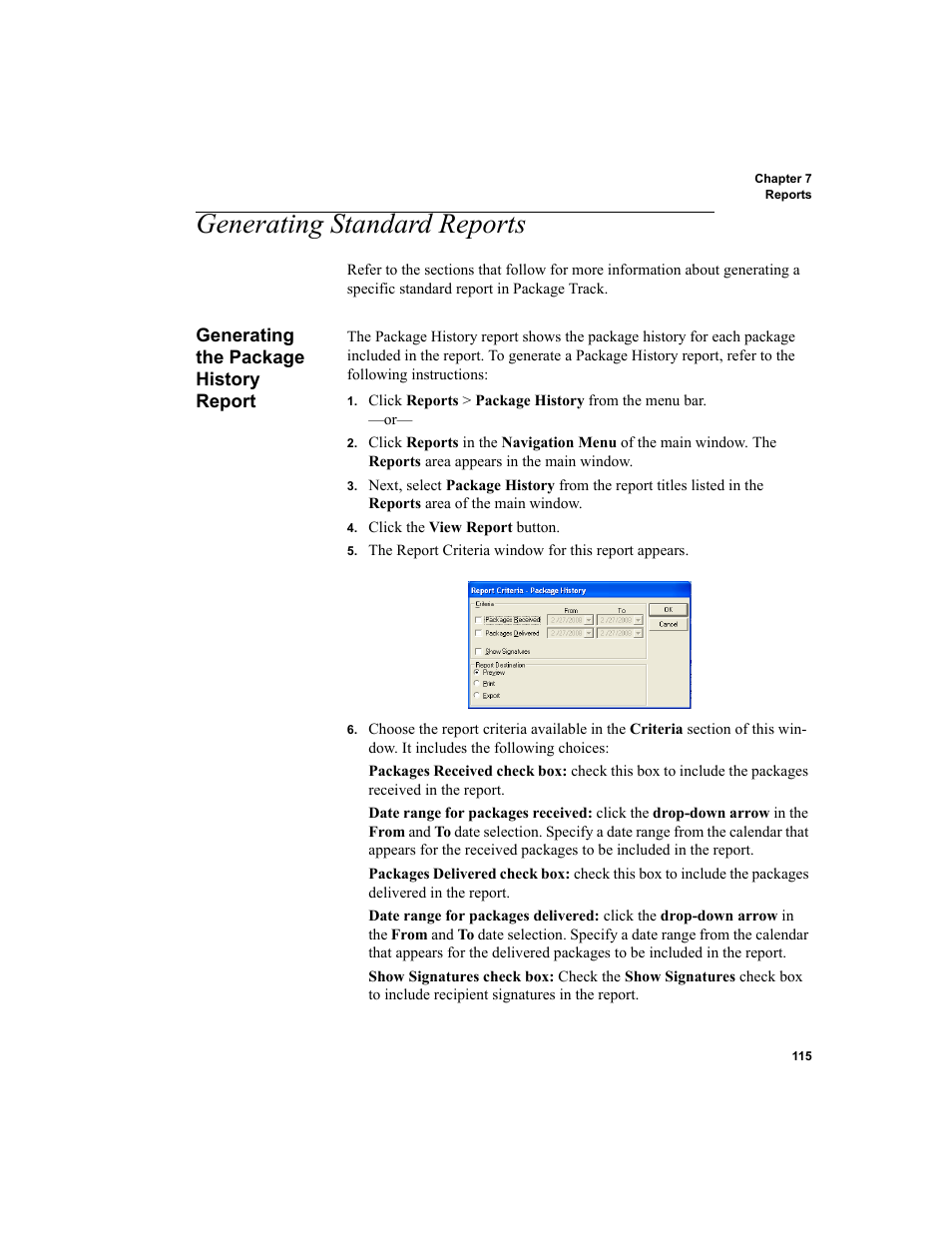 Generating standard reports, Generating the package history report, Generating standard reports 115 | Generating the package history report 115, Generat | IntelliTrack Package Track User Manual | Page 131 / 230
