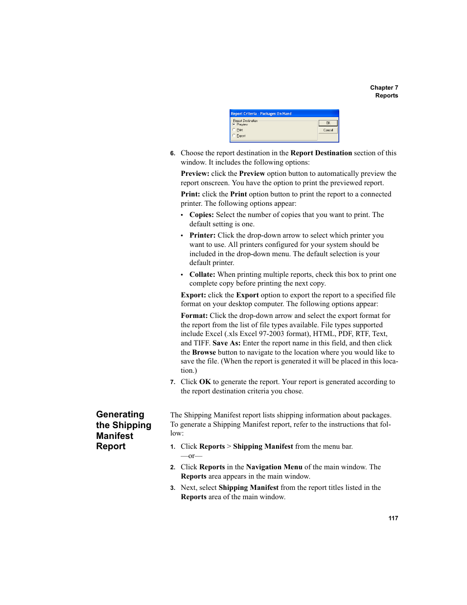 Generating the shipping manifest report, Generating the shipping manifest report 117 | IntelliTrack Package Track User Manual | Page 133 / 230