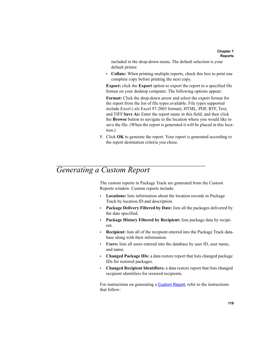 Generating a custom report, Generating a custom report 119, Generating a custom report” on | IntelliTrack Package Track User Manual | Page 135 / 230
