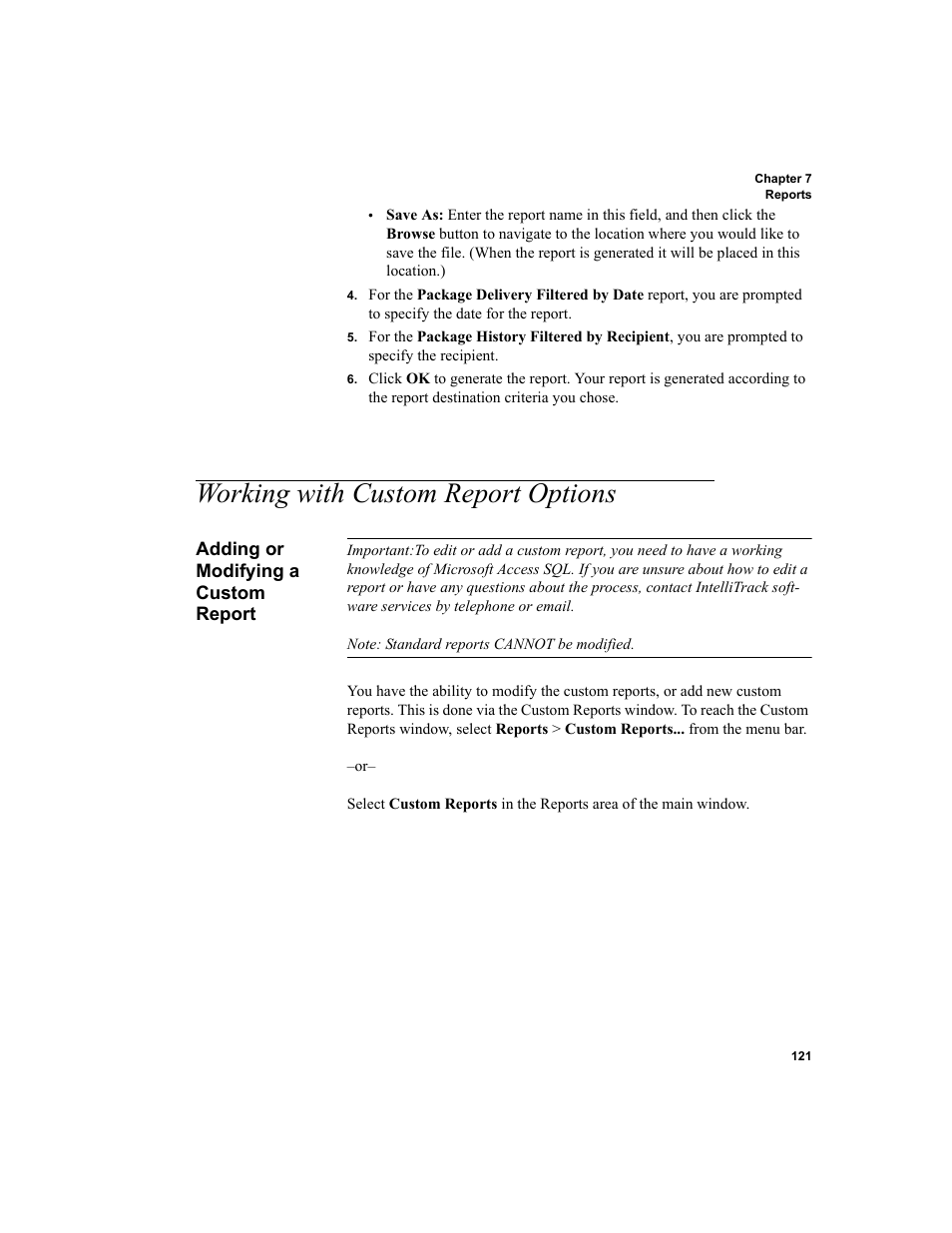 Working with custom report options, Adding or modifying a custom report, Working with custom report options 121 | Adding or modifying a custom report 121, Working with custom | IntelliTrack Package Track User Manual | Page 137 / 230