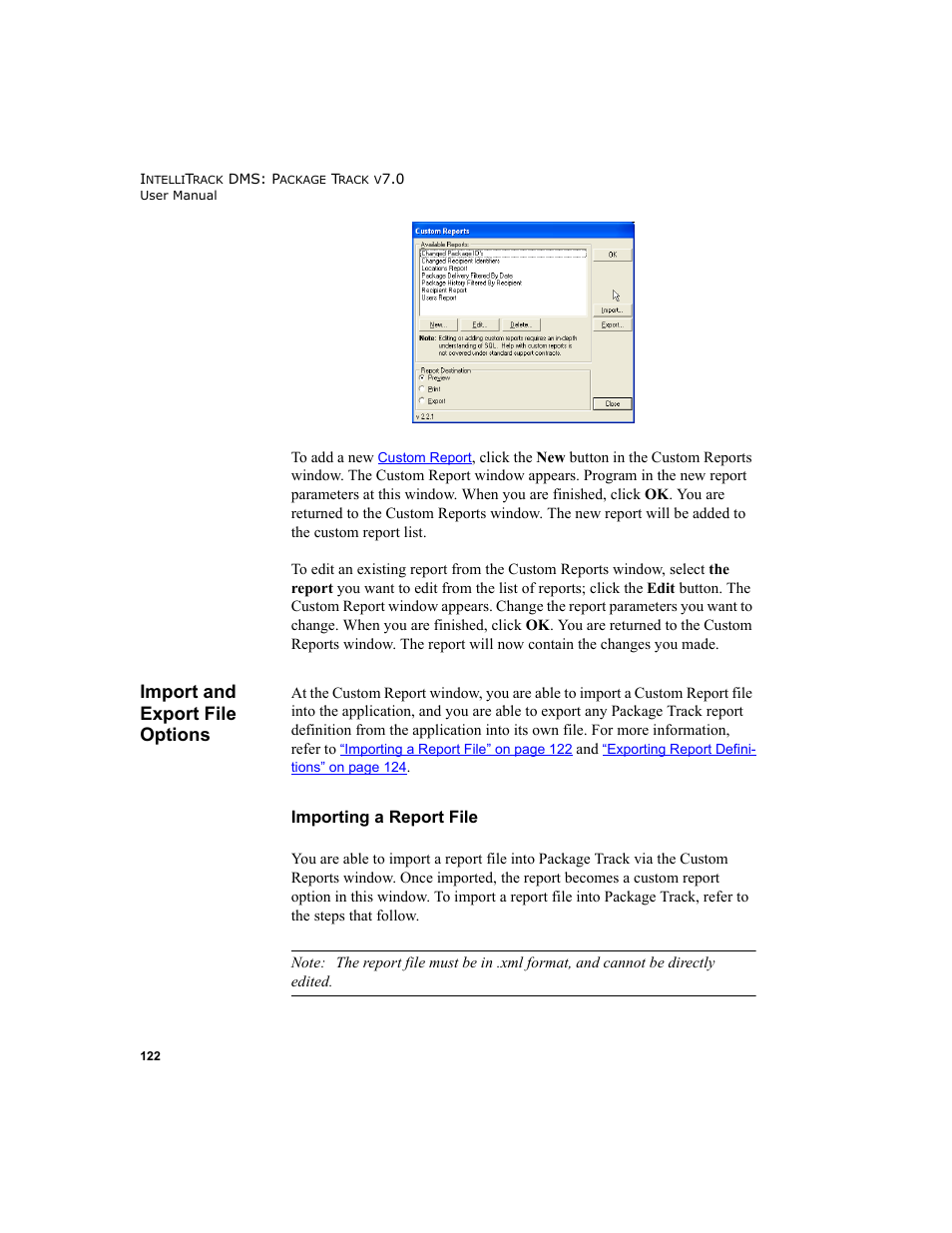 Import and export file options, Importing a report file, Import and export file options 122 | IntelliTrack Package Track User Manual | Page 138 / 230