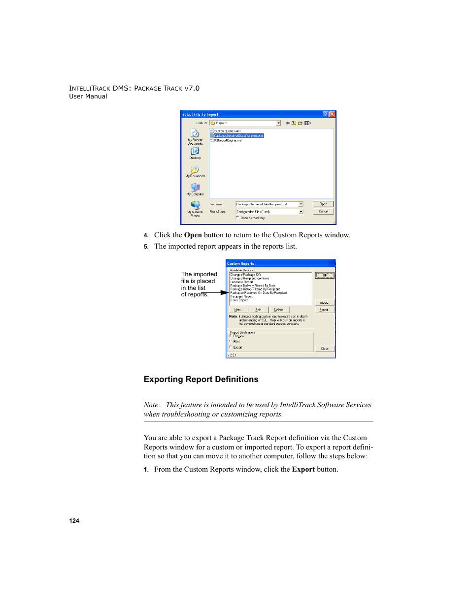 Exporting report definitions, Exporting report defini | IntelliTrack Package Track User Manual | Page 140 / 230