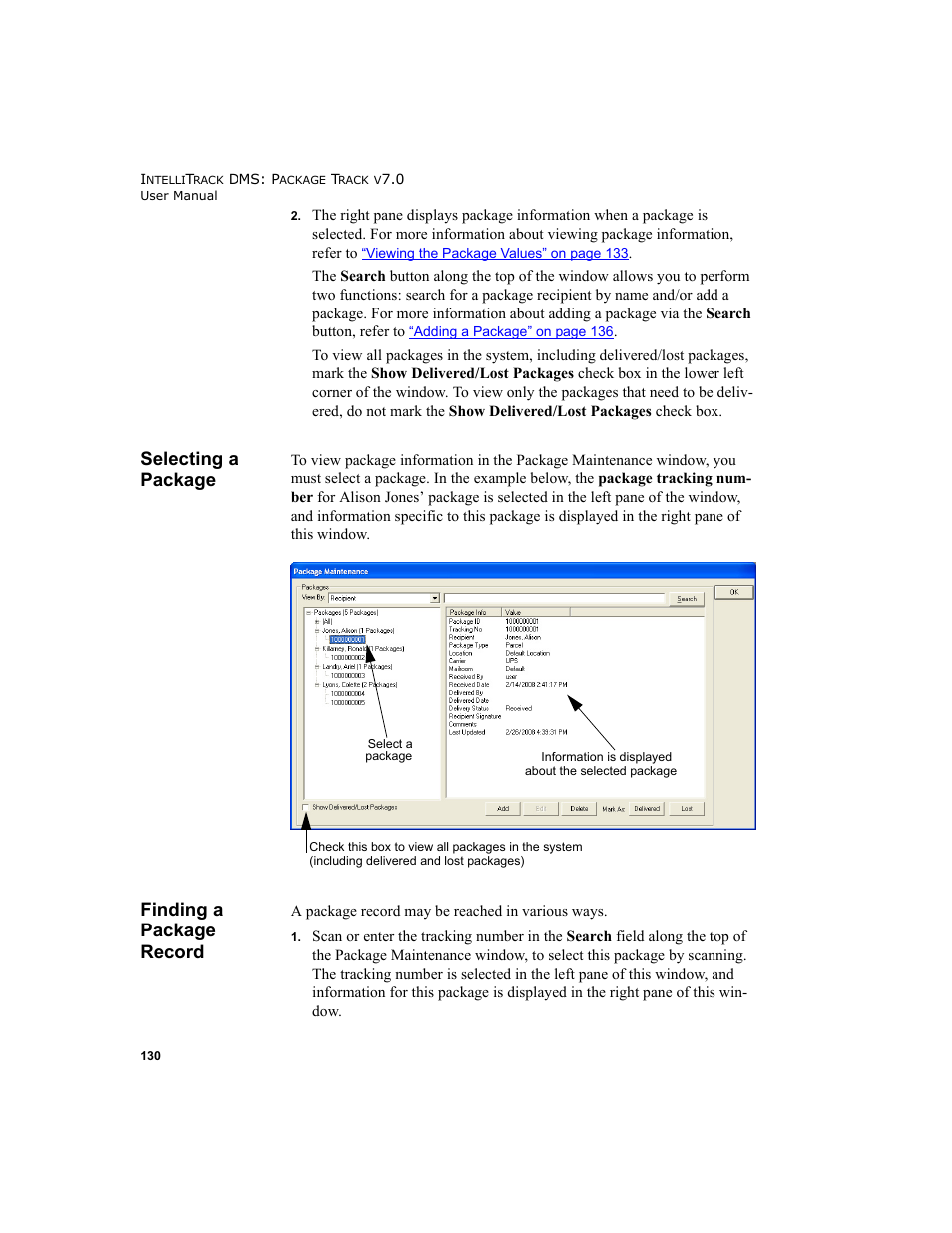 Selecting a package, Finding a package record, Selecting a package finding a package record | Selecting a package 130, Finding a package record 130 | IntelliTrack Package Track User Manual | Page 146 / 230