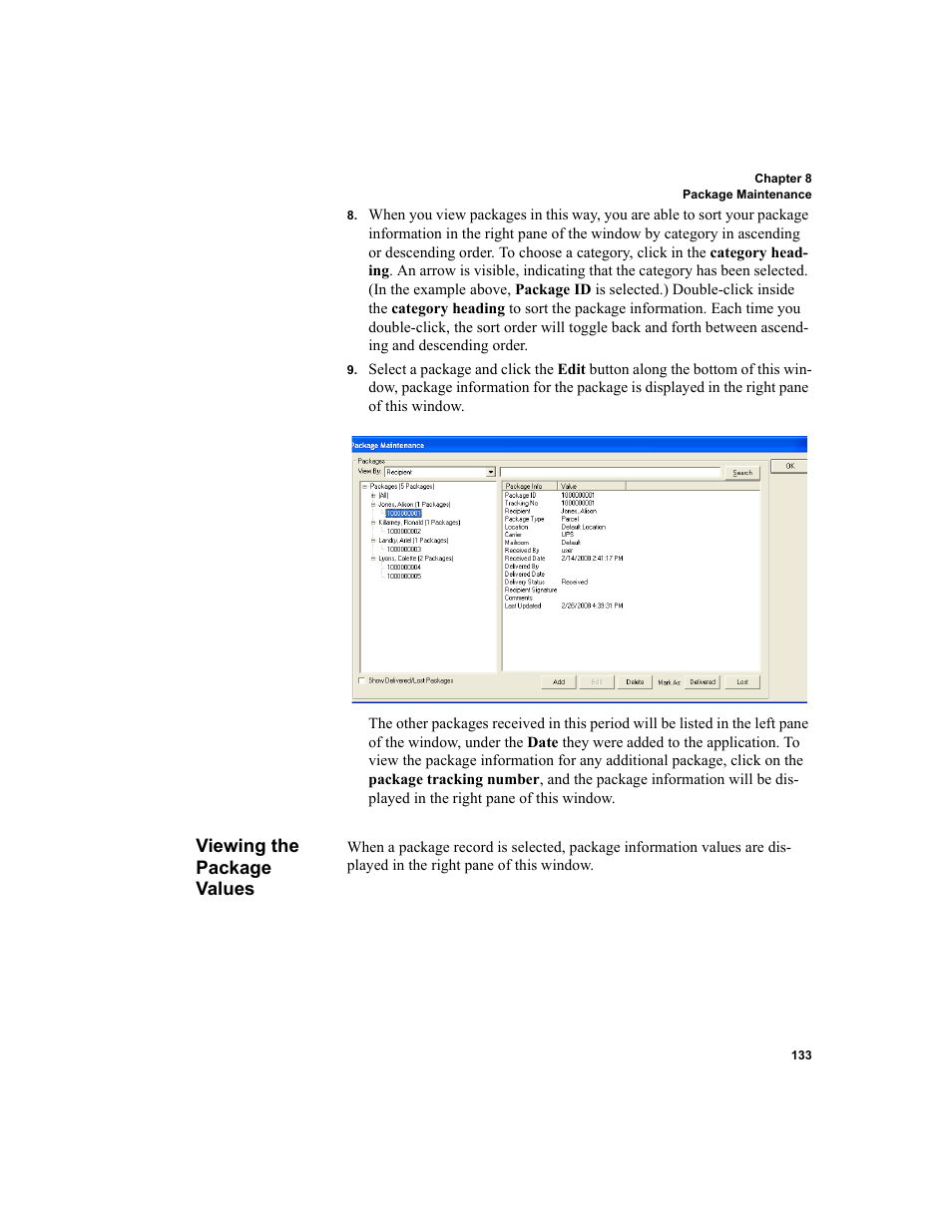 Viewing the package values, Viewing the package values 133 | IntelliTrack Package Track User Manual | Page 149 / 230
