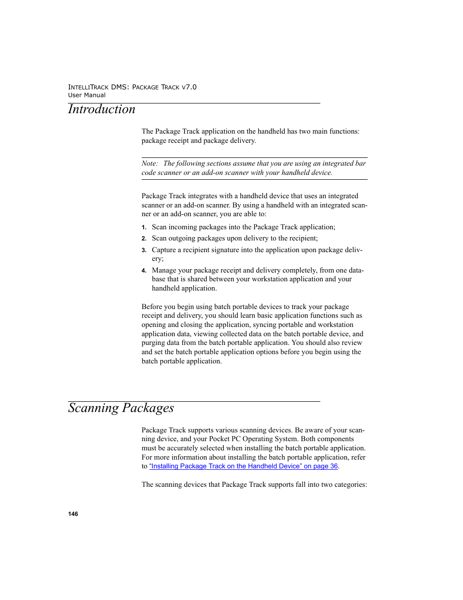 Introduction, Scanning packages, Introduction scanning packages | Introduction 146, Scanning packages 146 | IntelliTrack Package Track User Manual | Page 162 / 230