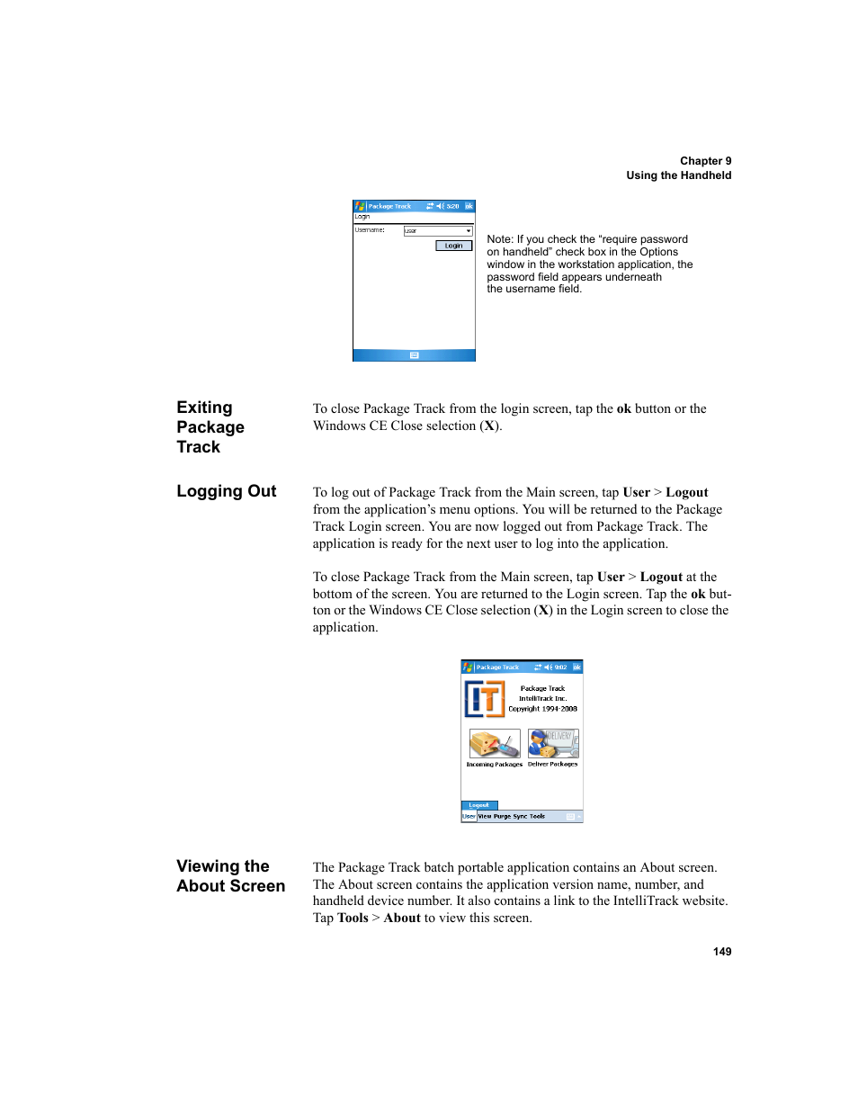 Exiting package track, Logging out, Viewing the about screen | Logging out viewing the about screen | IntelliTrack Package Track User Manual | Page 165 / 230