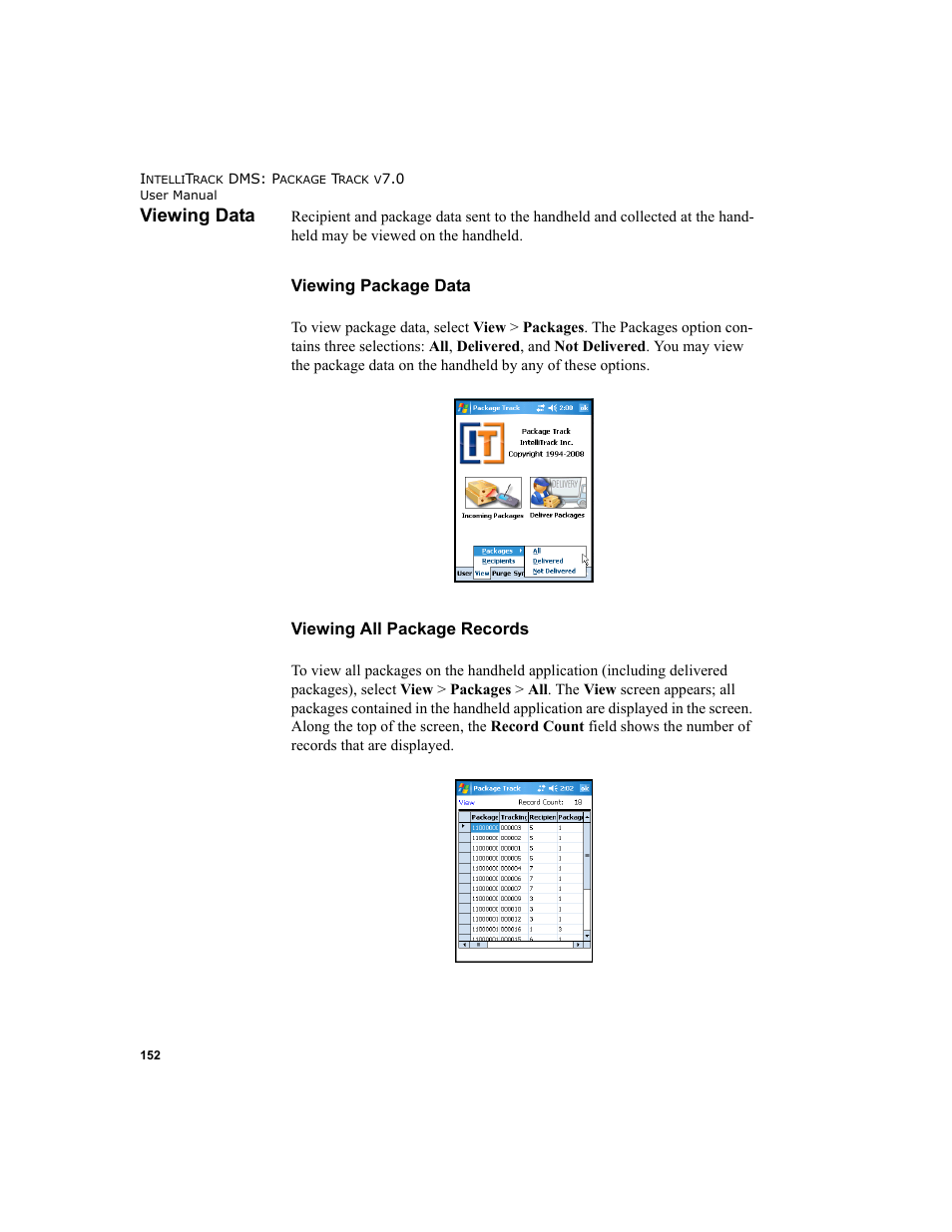 Viewing data, Viewing, Viewing all package | Viewing package data viewing all package records | IntelliTrack Package Track User Manual | Page 168 / 230