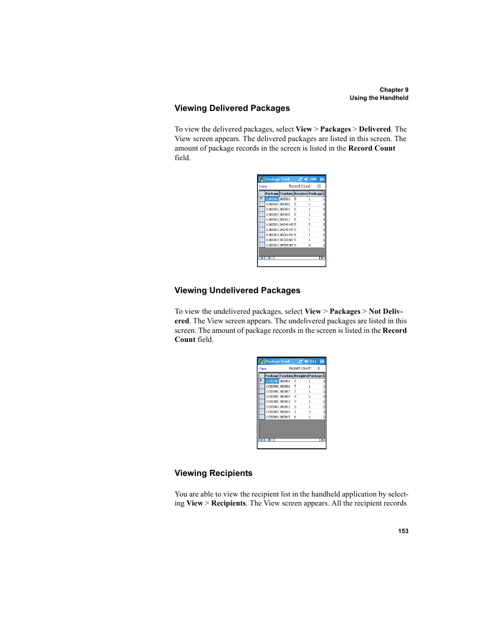Viewing, Viewing recipi | IntelliTrack Package Track User Manual | Page 169 / 230