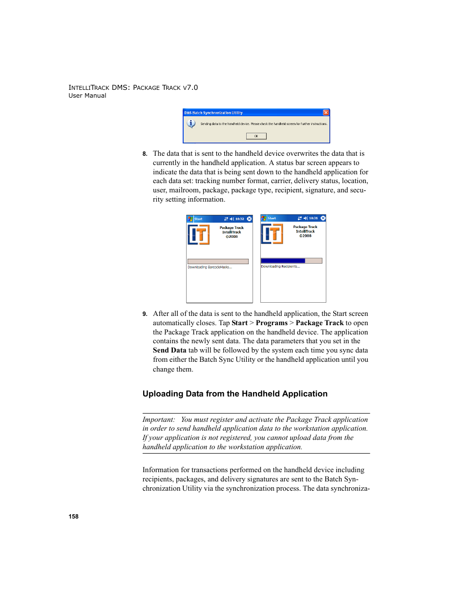 Uploading data from the handheld application | IntelliTrack Package Track User Manual | Page 174 / 230