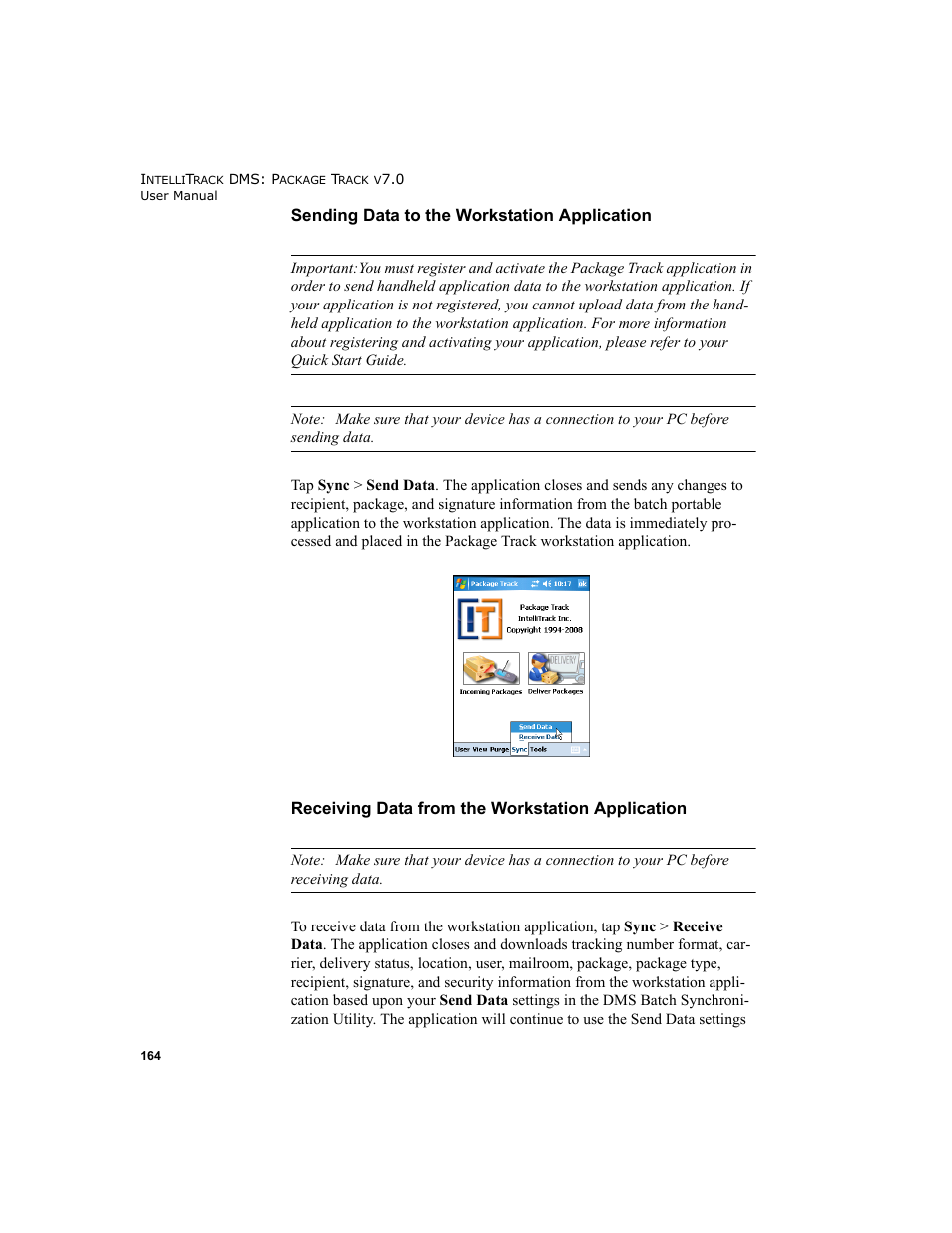 Sending data to the workstation, Sending data to the workstation application, Receiv | IntelliTrack Package Track User Manual | Page 180 / 230