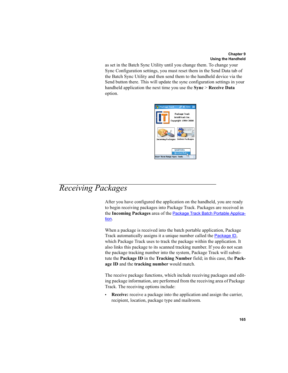 Receiving packages, Receiving packages 165 | IntelliTrack Package Track User Manual | Page 181 / 230
