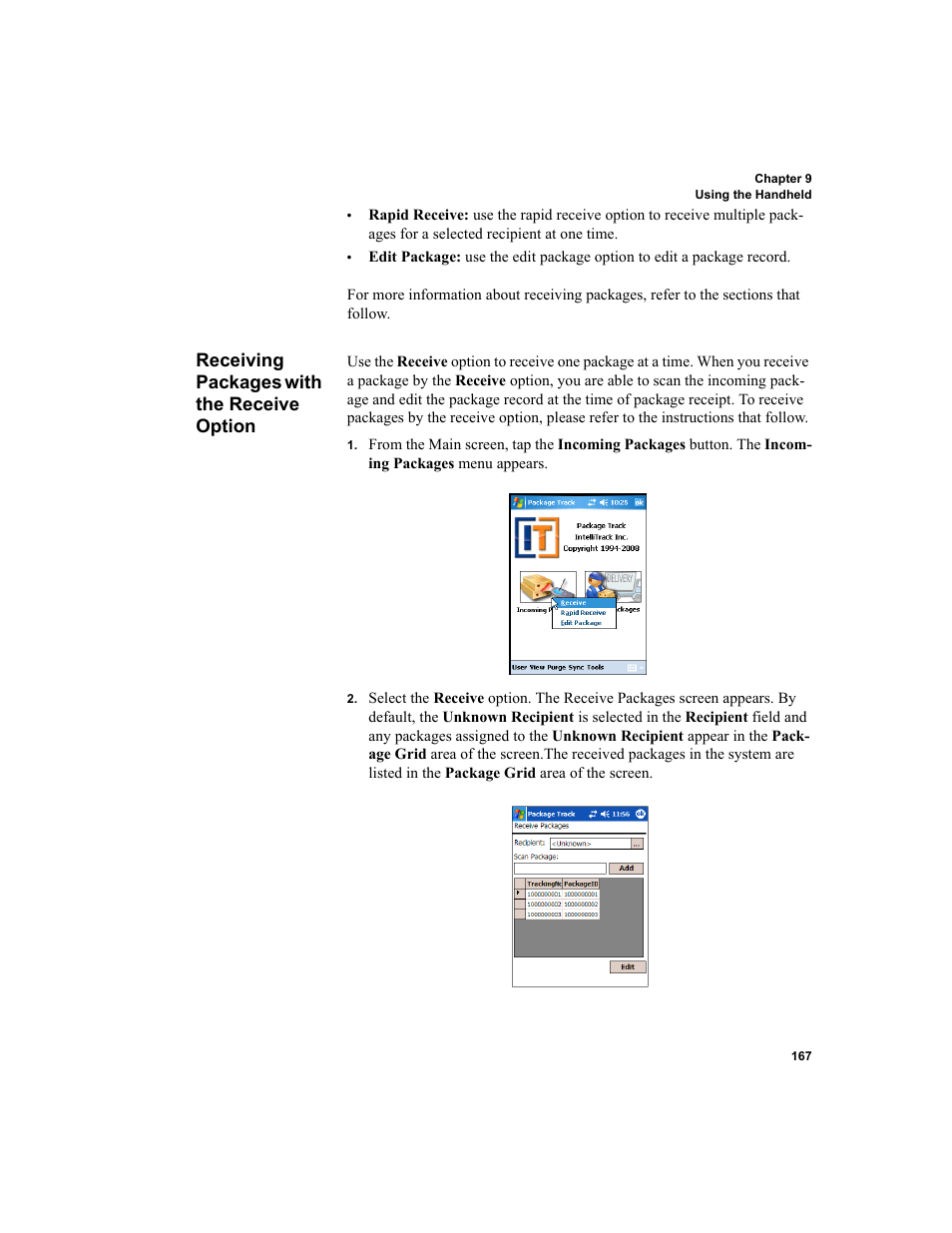 Receiving packages with the receive option | IntelliTrack Package Track User Manual | Page 183 / 230