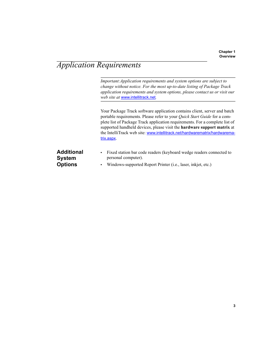 Application requirements, Additional system options | IntelliTrack Package Track User Manual | Page 19 / 230