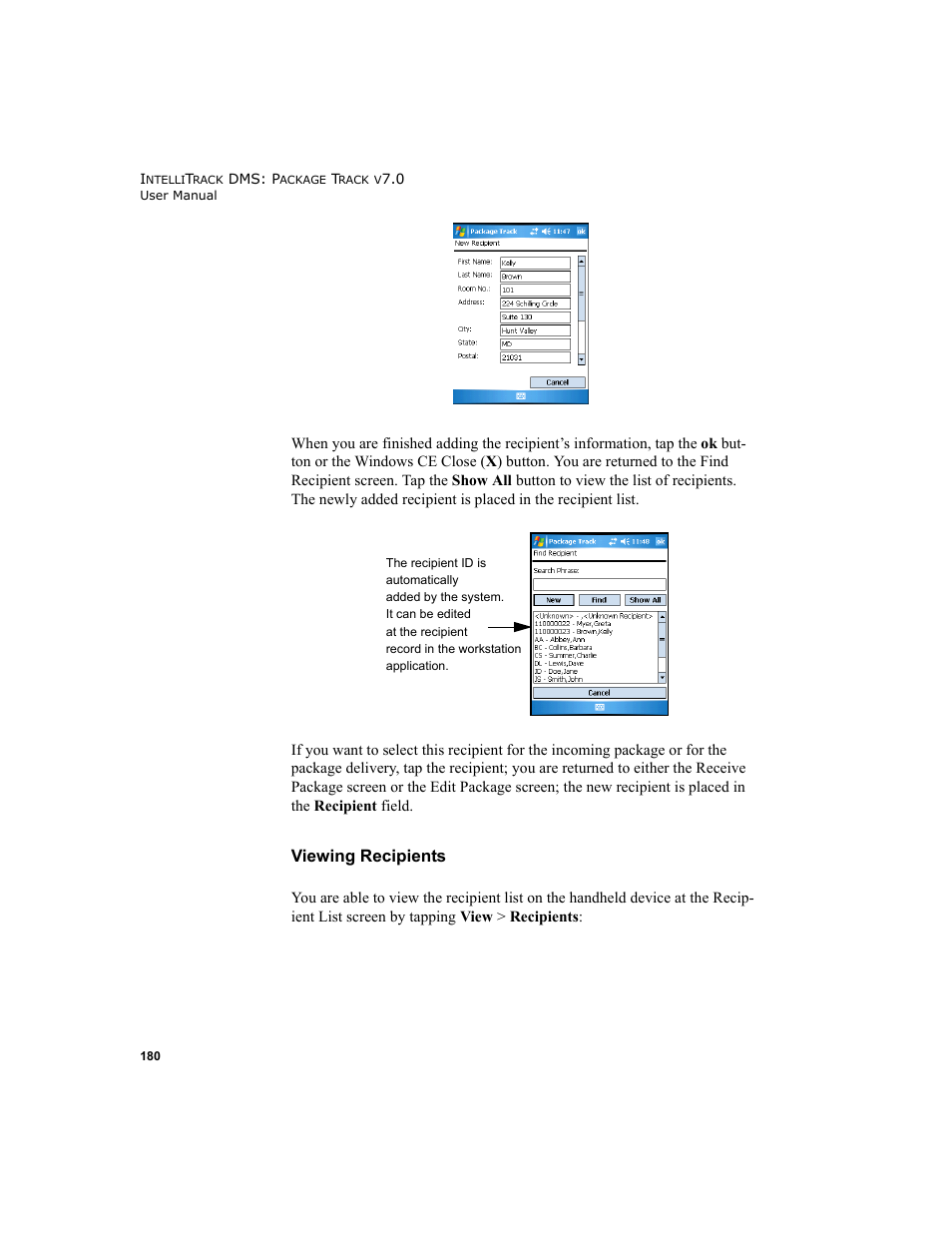 Viewing recipients, Recipient screen, refer to | IntelliTrack Package Track User Manual | Page 196 / 230