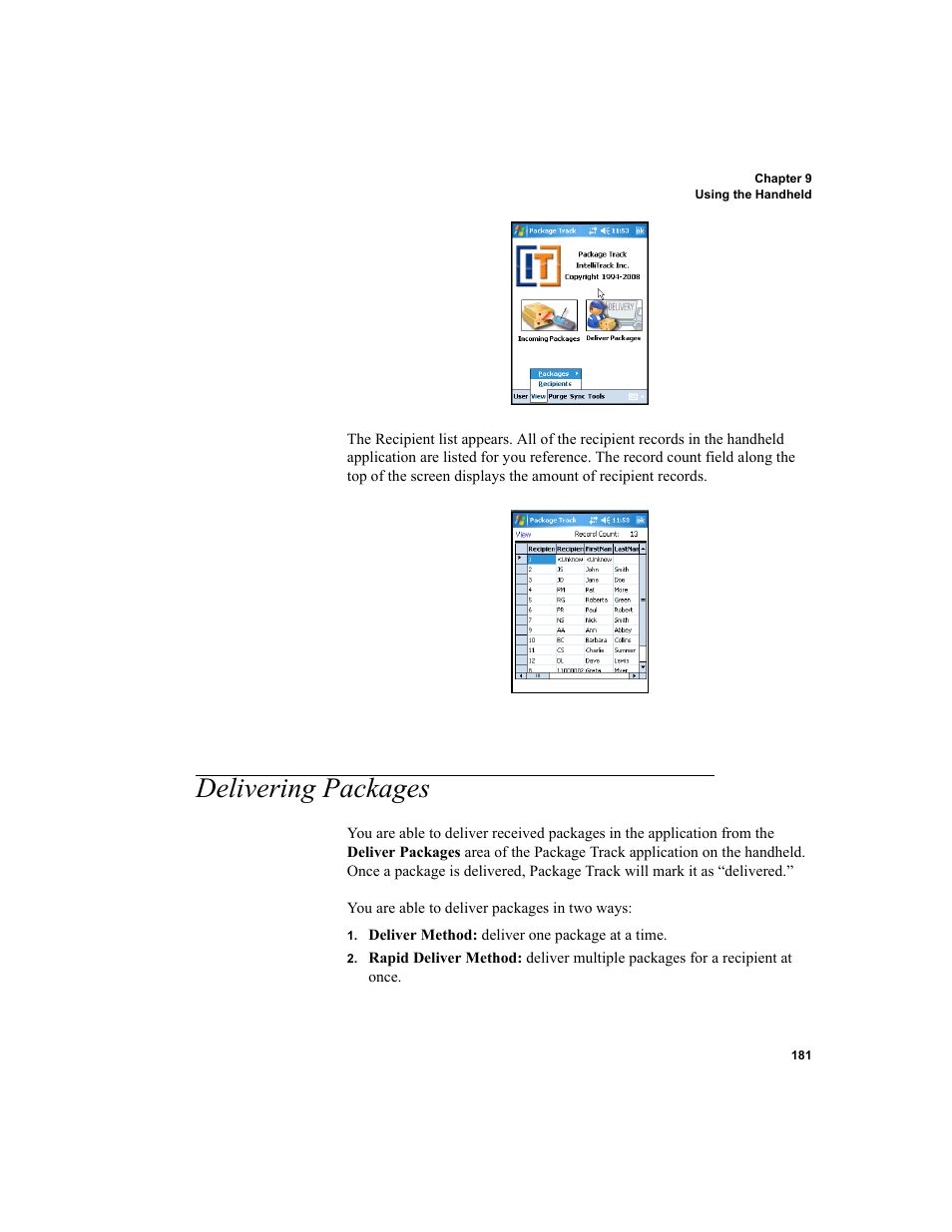 Delivering packages, Delivering packages 181 | IntelliTrack Package Track User Manual | Page 197 / 230