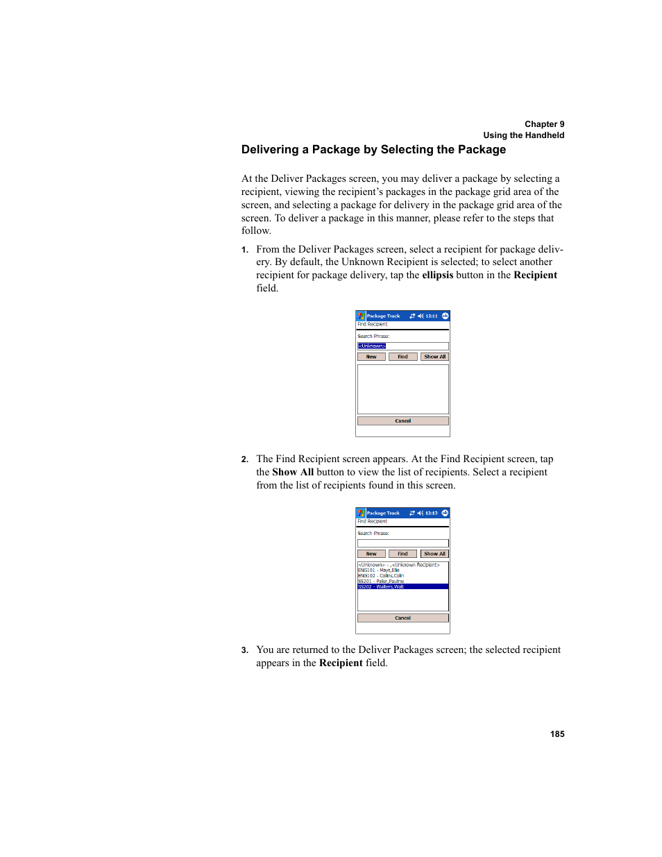 Delivering a package by selecting the package | IntelliTrack Package Track User Manual | Page 201 / 230