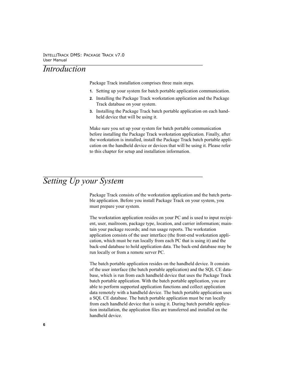 Introduction, Setting up your system, Introduction setting up your system | Introduction 6, Setting up your system 6 | IntelliTrack Package Track User Manual | Page 22 / 230