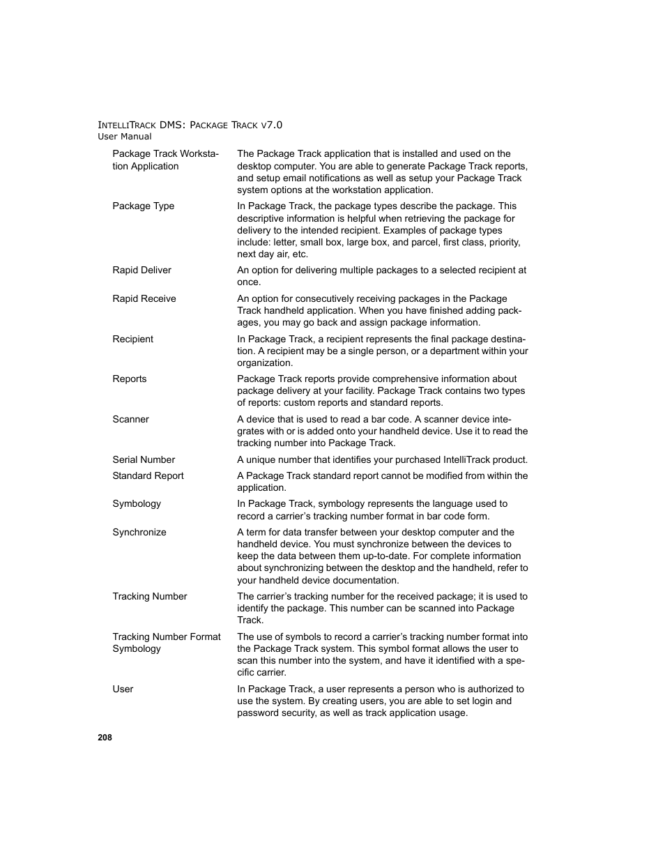 Package track workstation application, Application, Main | Package, Track workstation application, Synchronize, Package type, Tracking number, To th, Symbology | IntelliTrack Package Track User Manual | Page 224 / 230