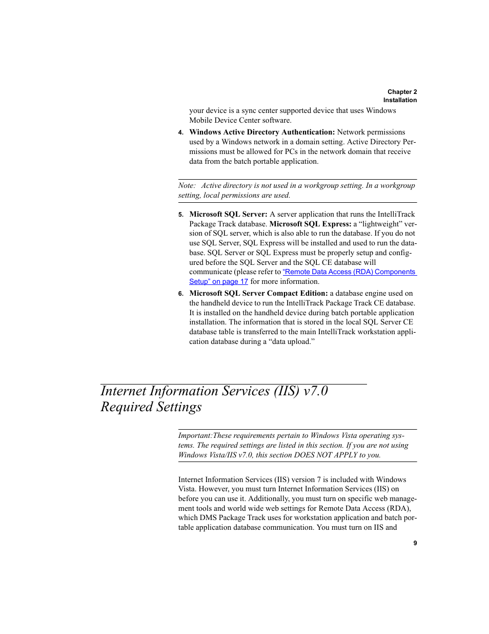 Internet information services (iis) v7.0 required, Settings 9, Internet information services | IntelliTrack Package Track User Manual | Page 25 / 230