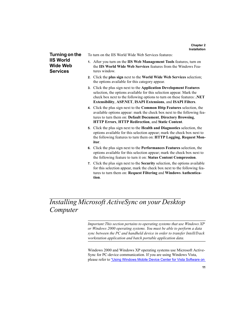 Turning on the iis world wide web services, Installing microsoft activesync on your desktop, Computer 11 | IntelliTrack Package Track User Manual | Page 27 / 230