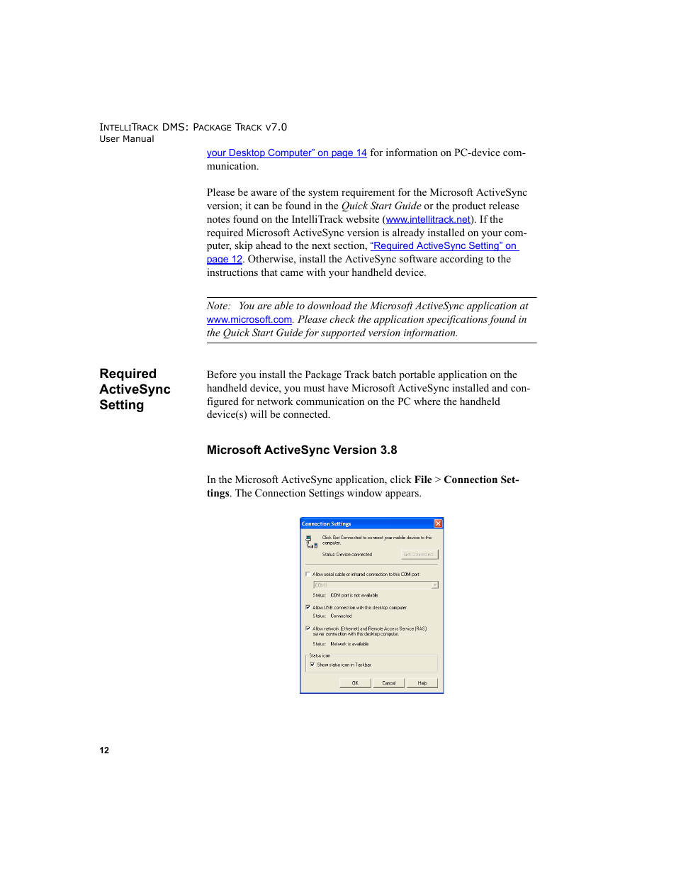 Required activesync setting, Microsoft activesync version 3.8, Required activesync setting” on | IntelliTrack Package Track User Manual | Page 28 / 230