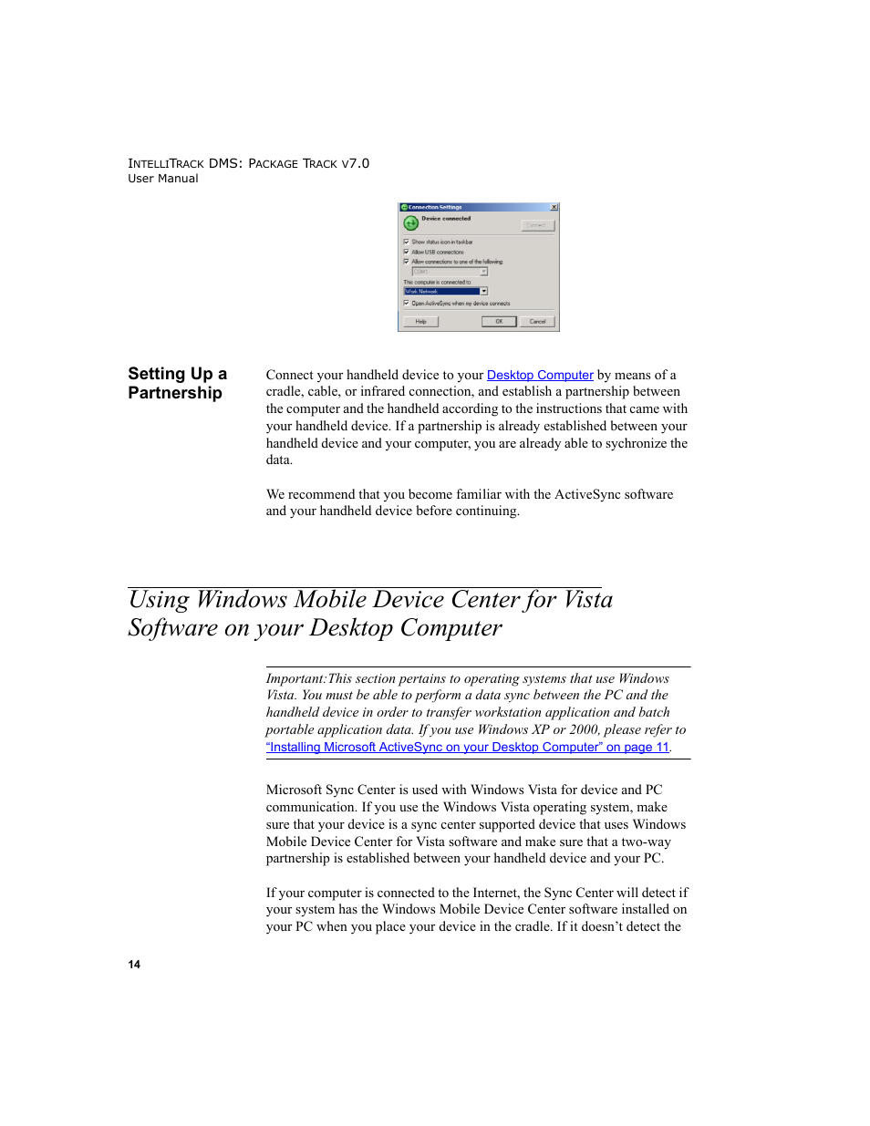 Setting up a partnership, On your desktop computer, Using windows mobile device center for vista | Software on your desktop computer 14, Setting up a partner | IntelliTrack Package Track User Manual | Page 30 / 230