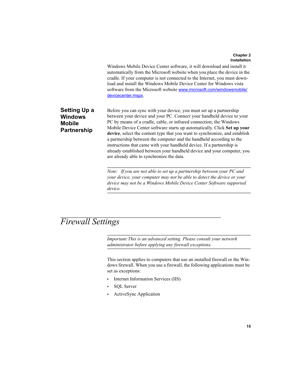 Setting up a windows mobile partnership, Firewall settings, Firewall settings 15 | IntelliTrack Package Track User Manual | Page 31 / 230